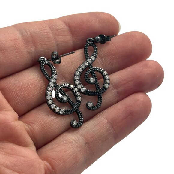 Treble Clef Earrings Music Note Black Metal Rhinestones Artistic Teacher Gift - Picture 3 of 6